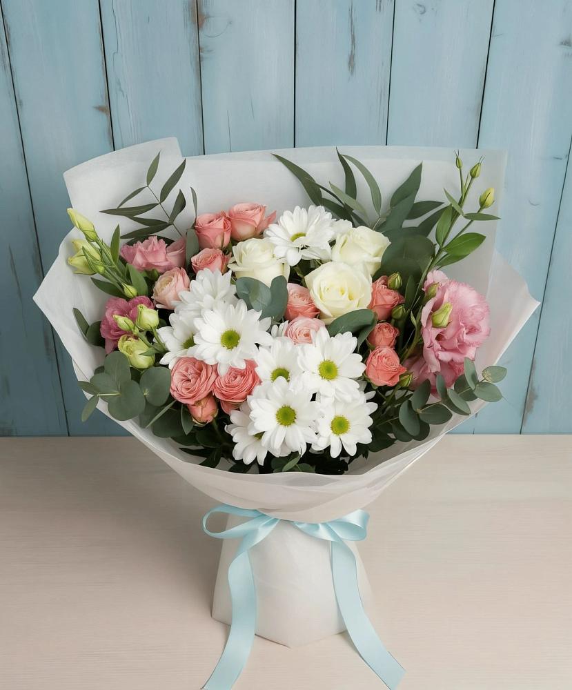 Букет цветов из: Розы, Лизиантусы и Хризантемы в Дементьево