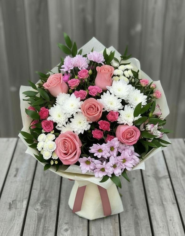 Букет цветов из: Альстромерии, Гвоздики, Розы и Хризантемы в Дементьево