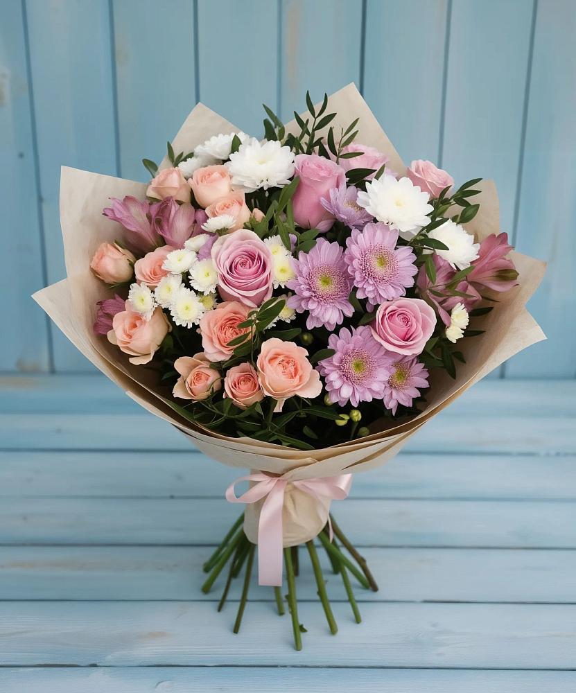 Букет цветов из: Хризантемы, Розы и Альстромерии в Дементьево