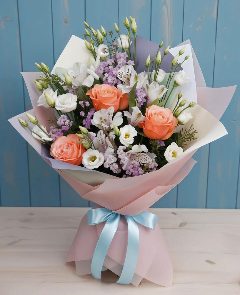 Букет цветов из: Лизиантусы, Розы, Альстромерии и Гипсофила в Дементьево