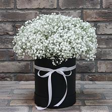 Цветочная композиция из Гипсофила в шляпной коробке в Дементьево