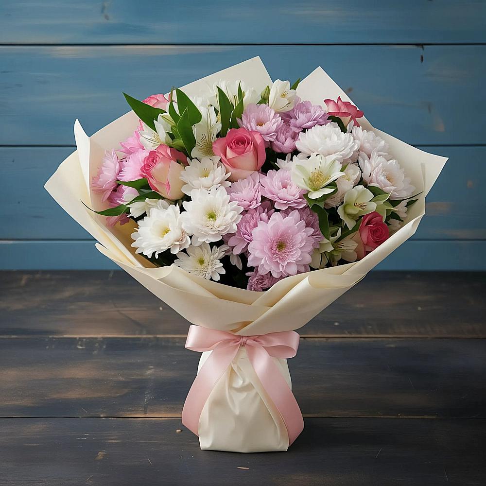 Букет цветов из: Хризантемы, Альстромерии и Розы в Дементьево